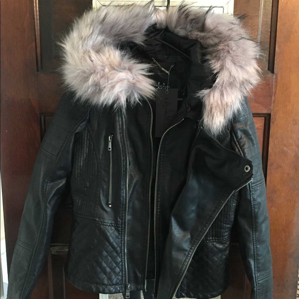 NWT Fur hood leather jacket